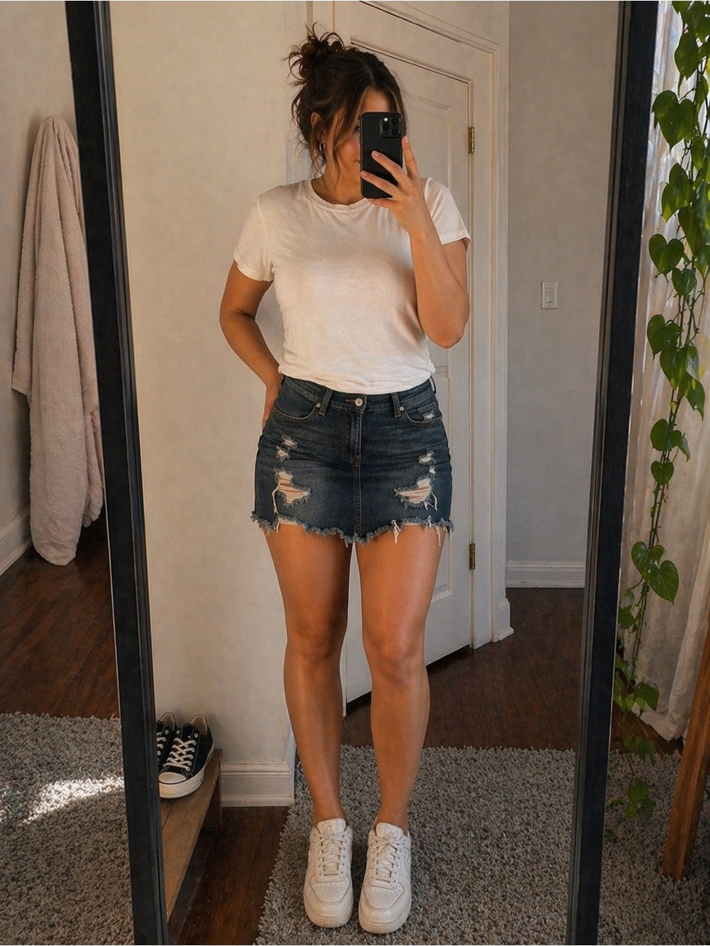 American Eagle Distressed Dark Denim Mini Skirt